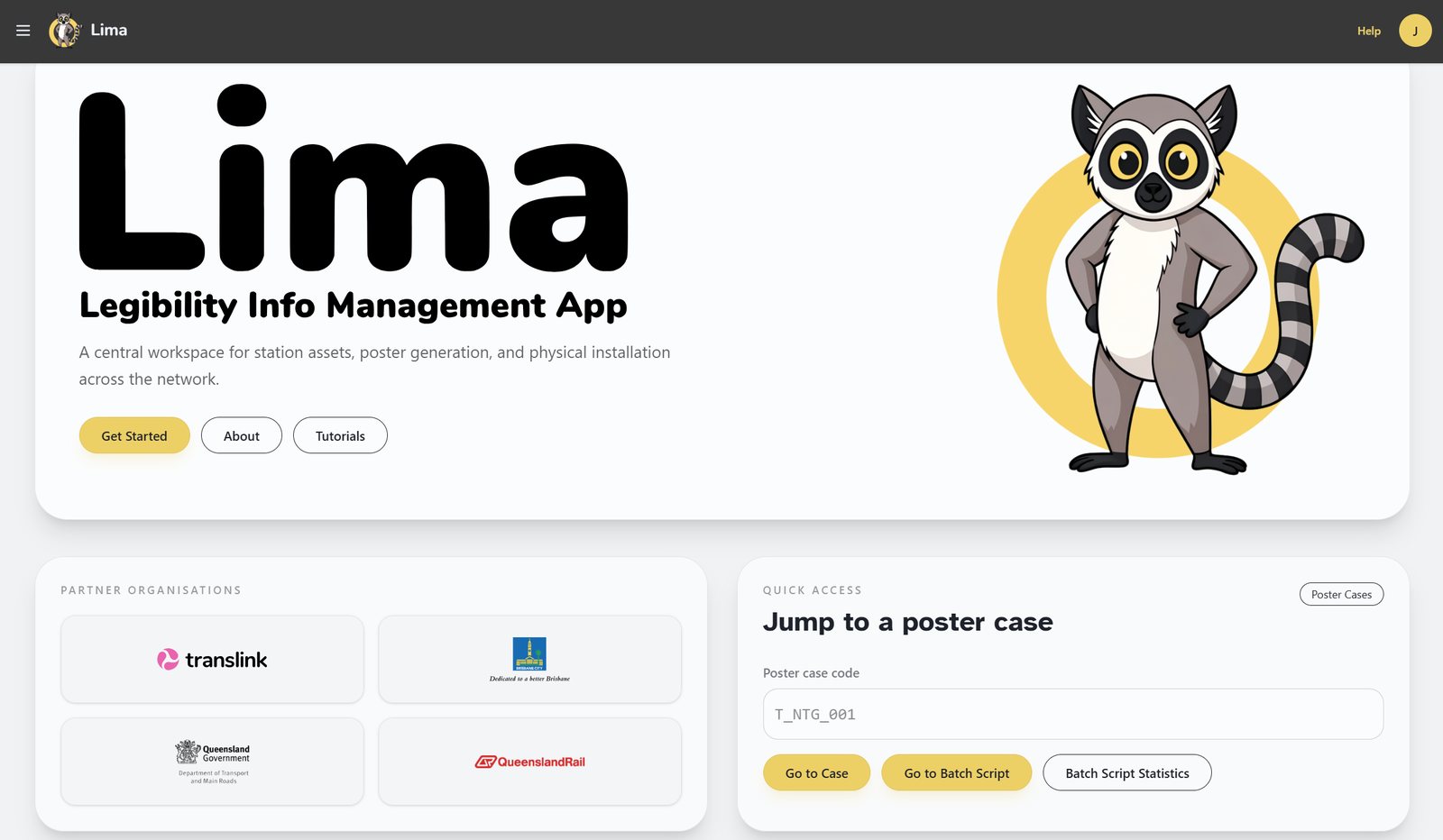 LIMA app home screen showing partner organisations and quick access to poster cases