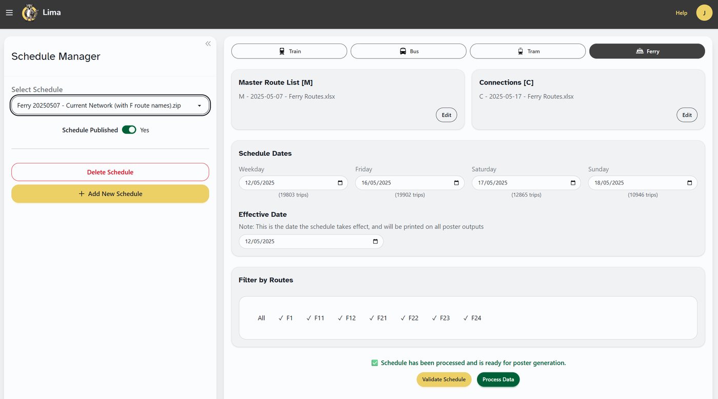 Schedule Manager screen showing schedule dates and route filters