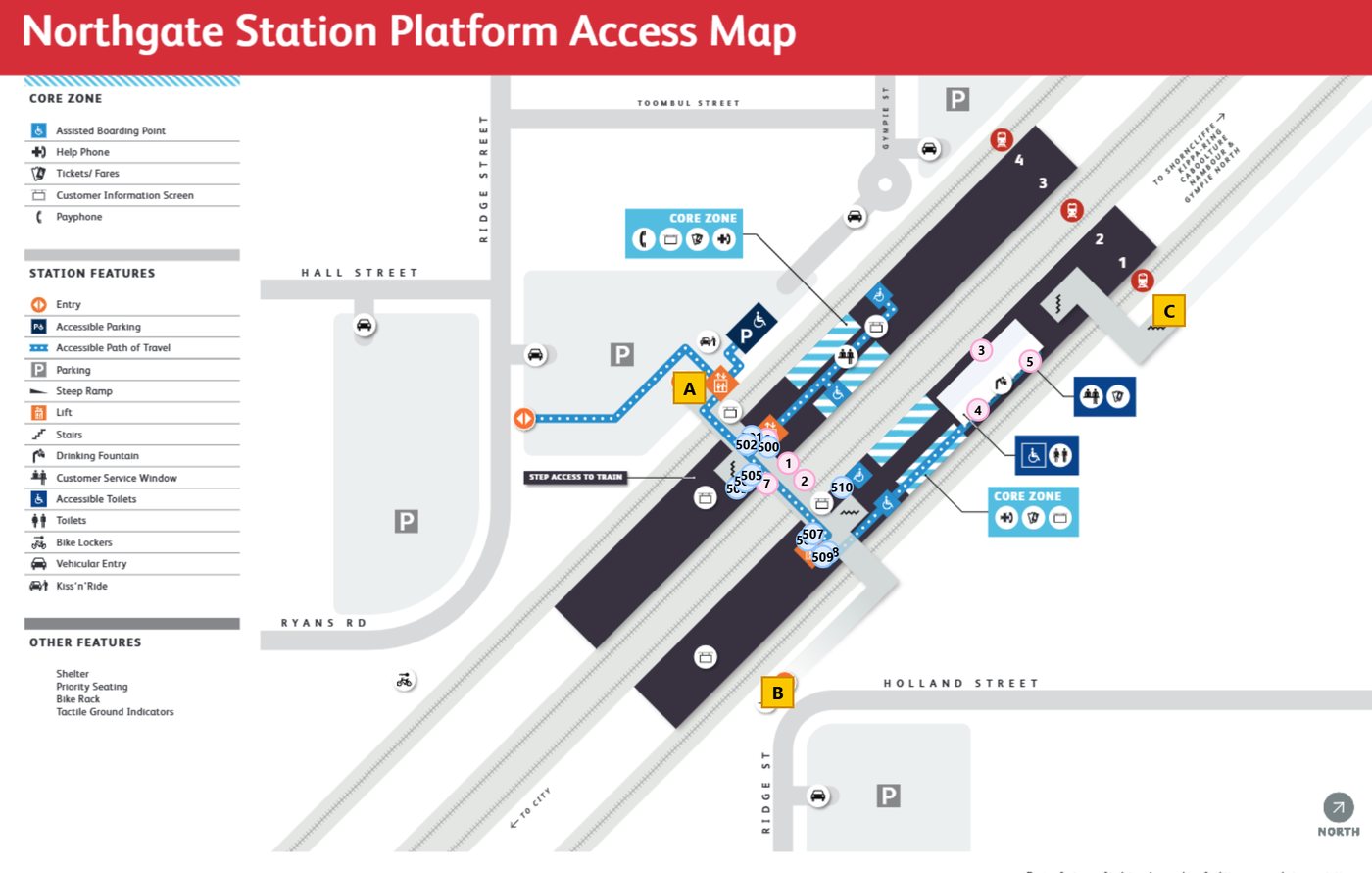 Station platform access map with assisted boarding points and accessibility features