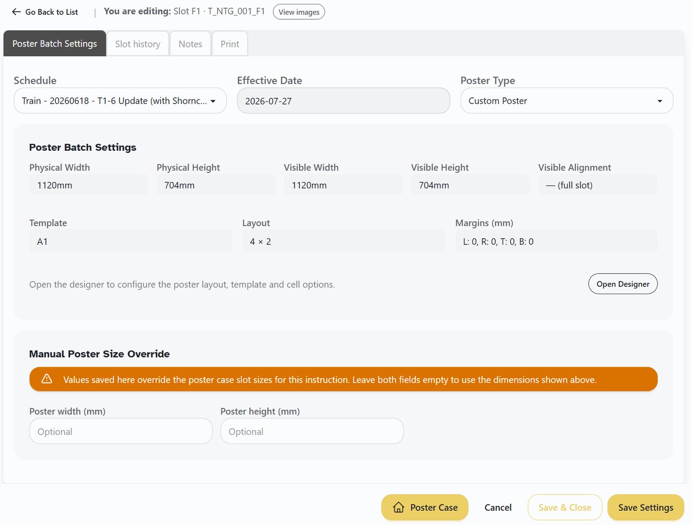 Poster batch settings screen with physical dimensions and layout options