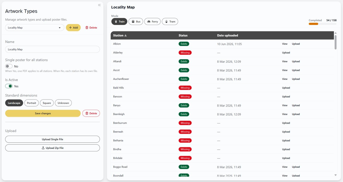 Artwork completion tracker showing stations with existing or missing artwork