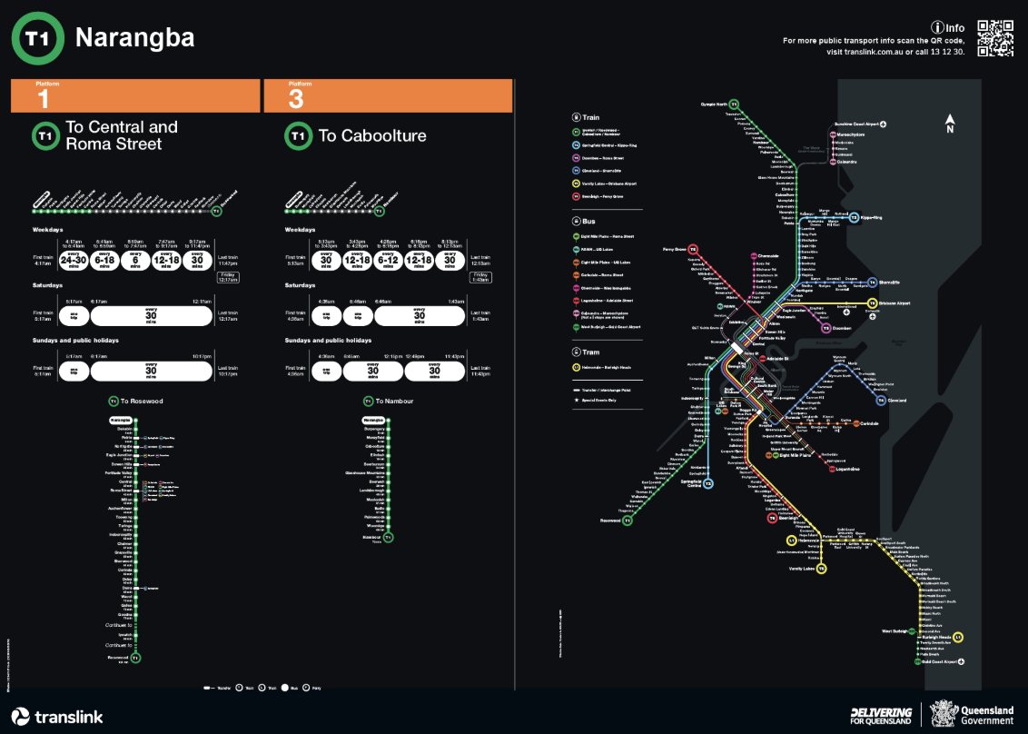 Finished printed station poster showing timetables and a network map